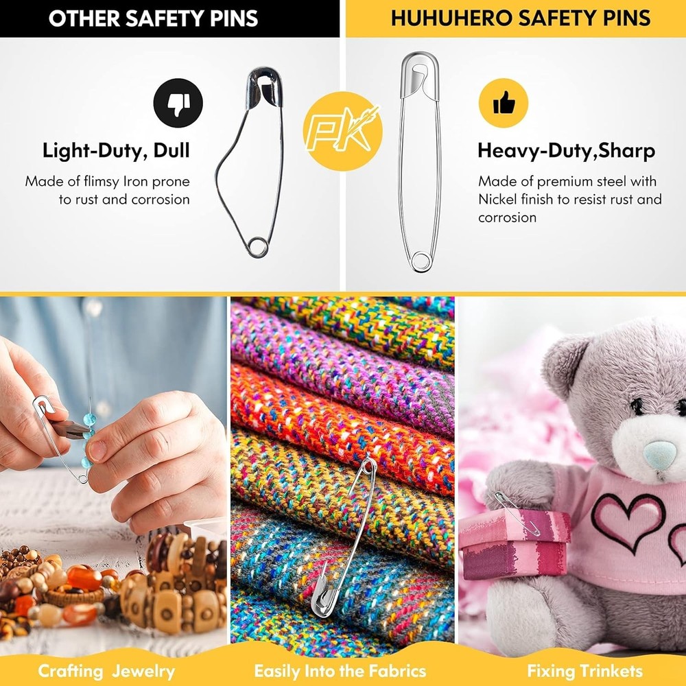 Multi-Size Safety Pins Bulk - 340 Pack, Rust Resistant for Crafts & Sewing
