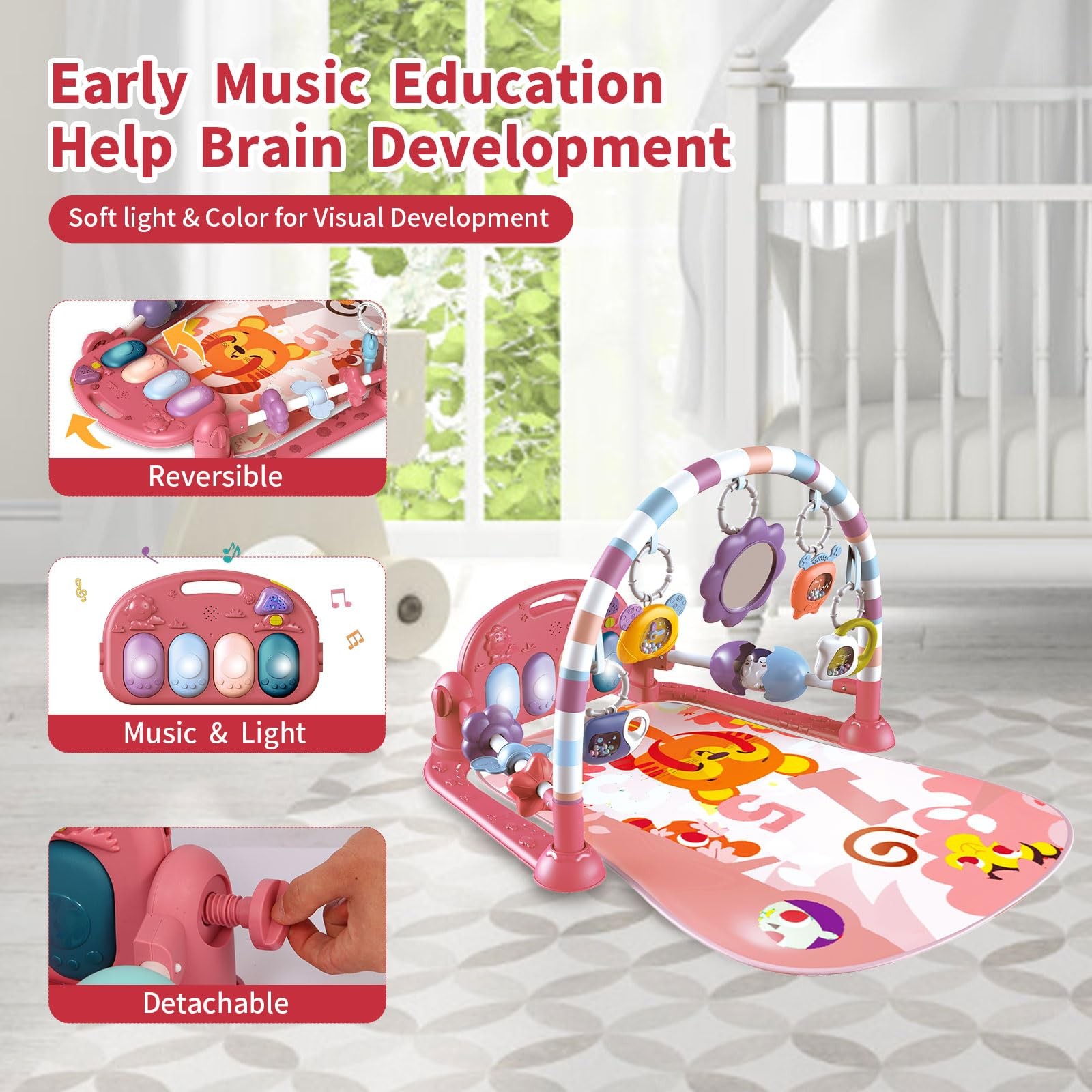 Baby Gym Play Mat, Piano Kick and Play Lights and Music Tummy Time Toys Infan...