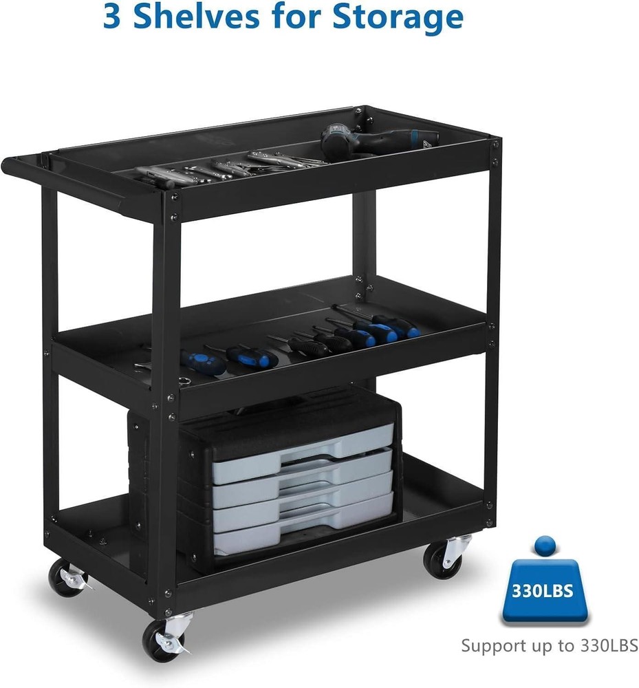 3-Tier Rolling Tool Cart with Locking Wheels & Ergonomic Handle, 330LB Capacity