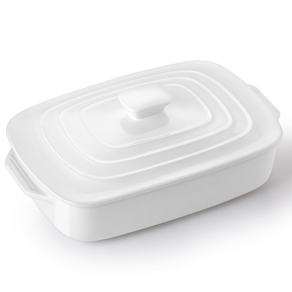 Large Ceramic Casserole Dish with Lid, 4.0 Quart Covered Rectangular Stonewar...