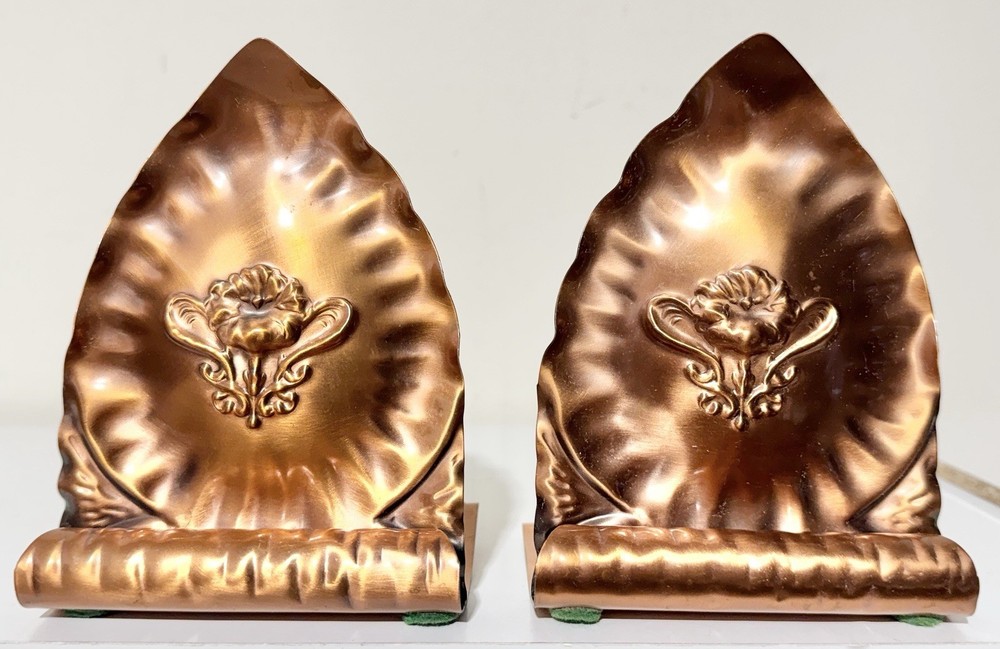 Vintage Gregorian Solid Copper Book Ends Pair Embossed Flower Marked Bookends