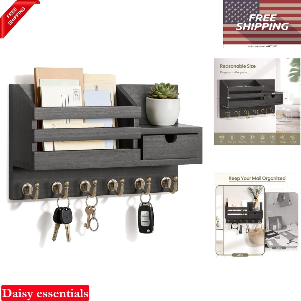 Wall Key and Mail Holder with 6 Hooks Rustic Wood Entryway Organizer