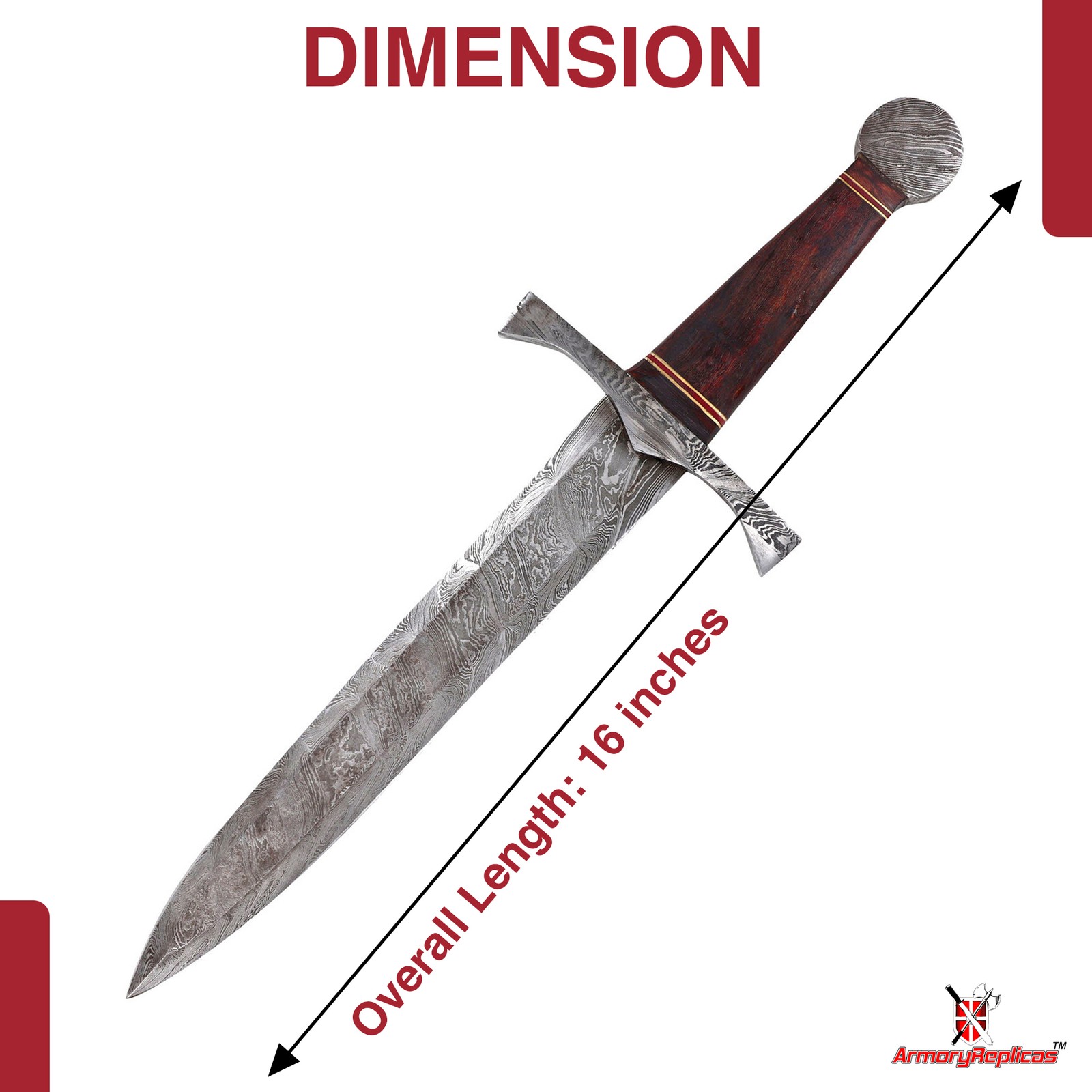 Damascus Steel Arming Dagger Full Tang Short Sword Sheesham Wood Brass w/ Sheath