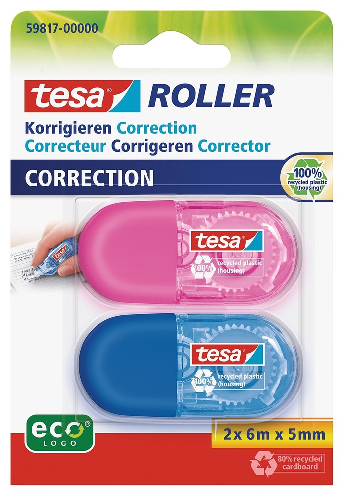 tesa UK Mini Roller Correction ecoLogo - 2 Pack Multicoloured Small Ergonomic...