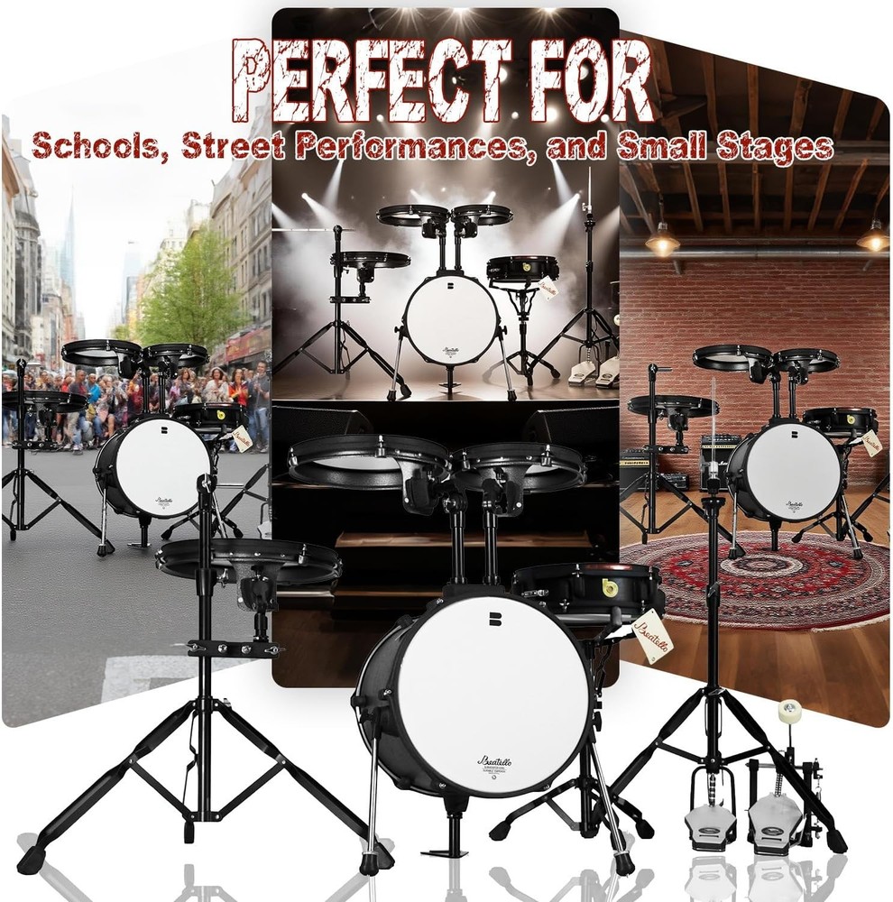 Portable 5pc Drum Set Compact 14 Inch Kit Thin Shell Full Hardware Black
