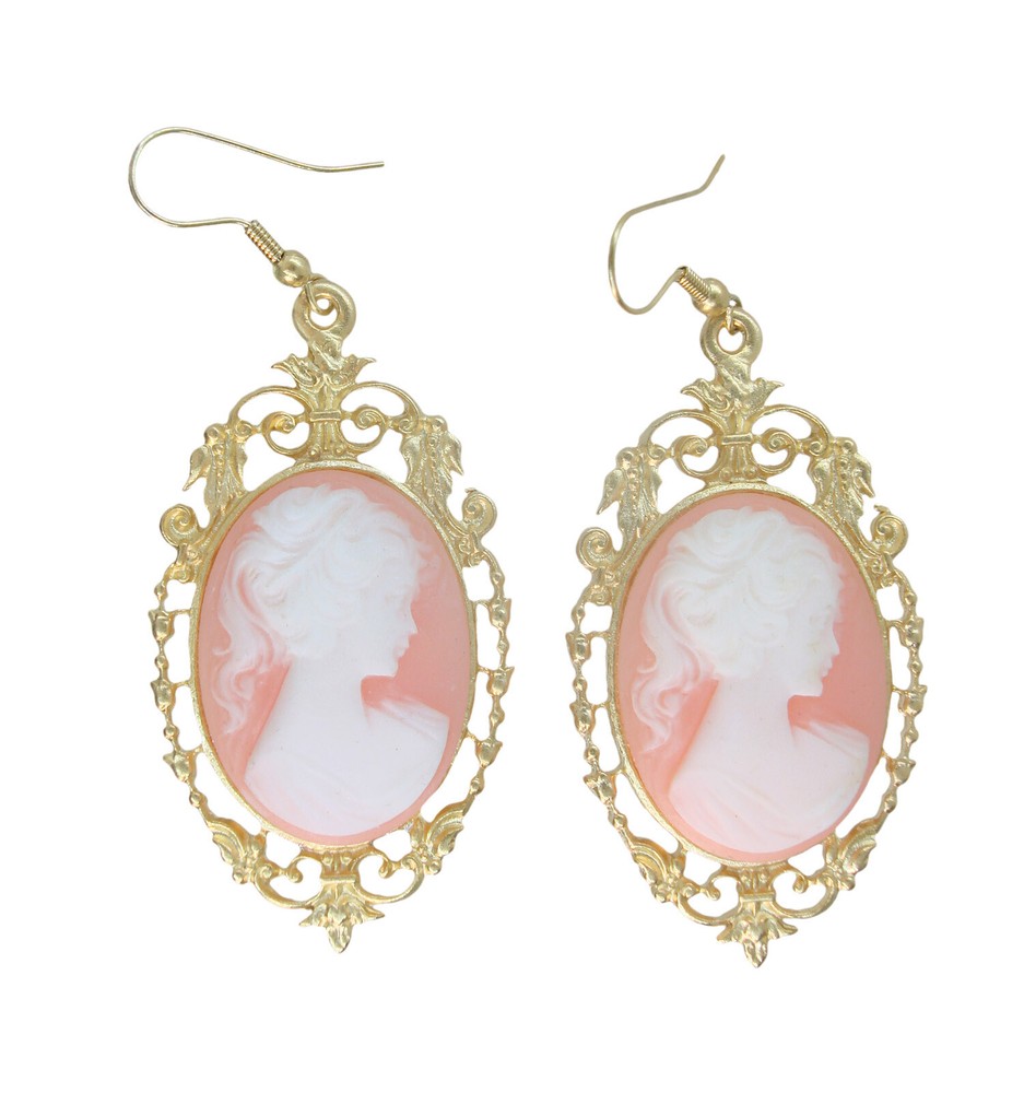 Huge Oversized Cameo Fish Hook Pierced Earrings 2"