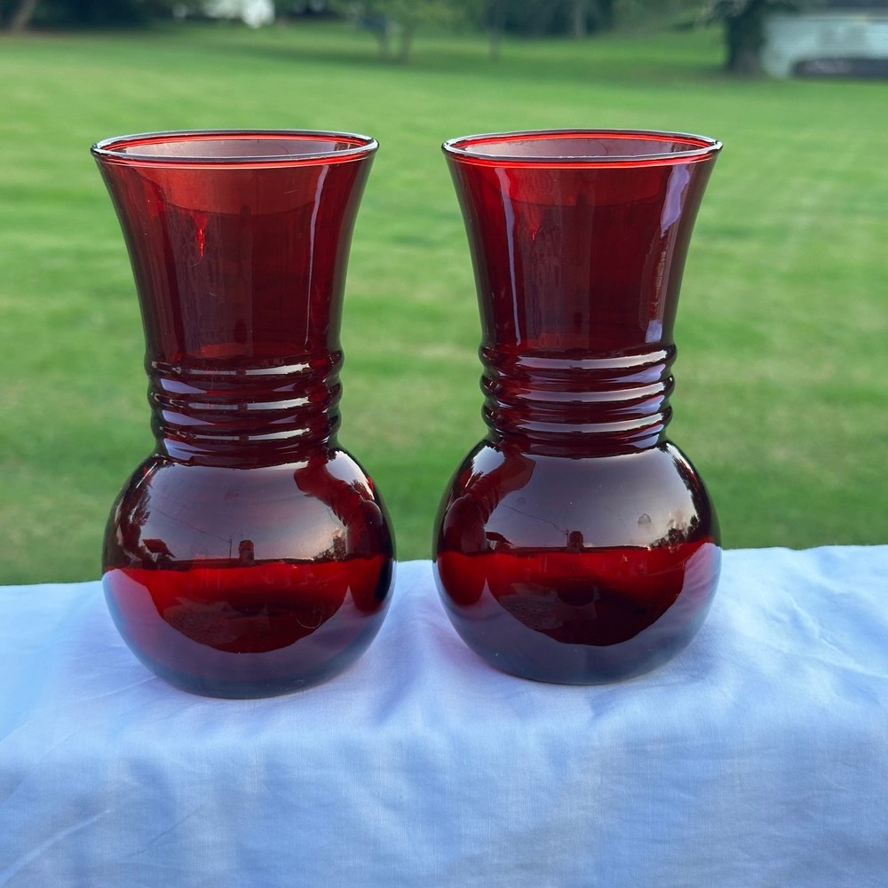 Pair of Ruby Red Anchor Hocking Vases MCM Classic