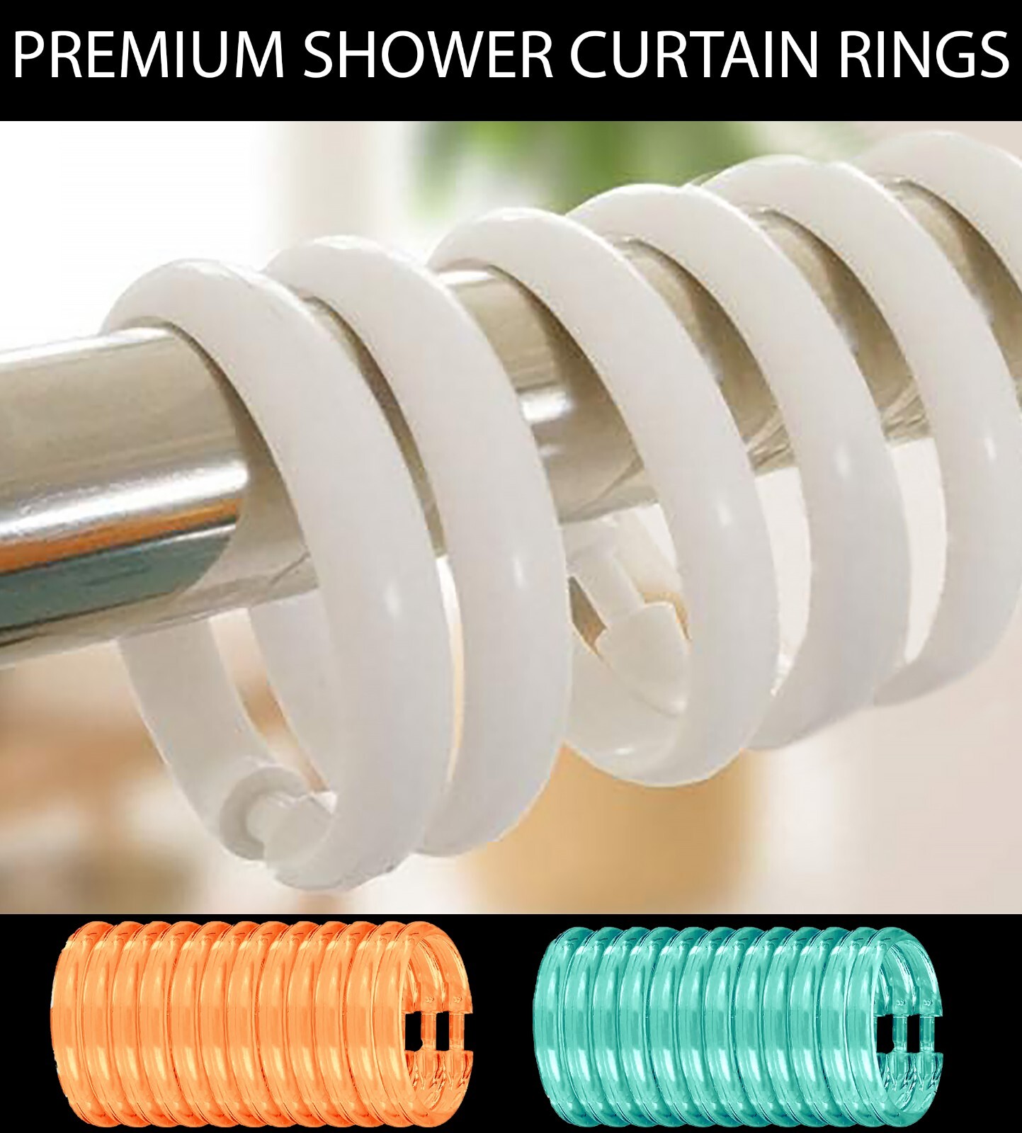 12 Piece Premium Plastic Shower Curtain Hooks Rings Round 2.3" Inches