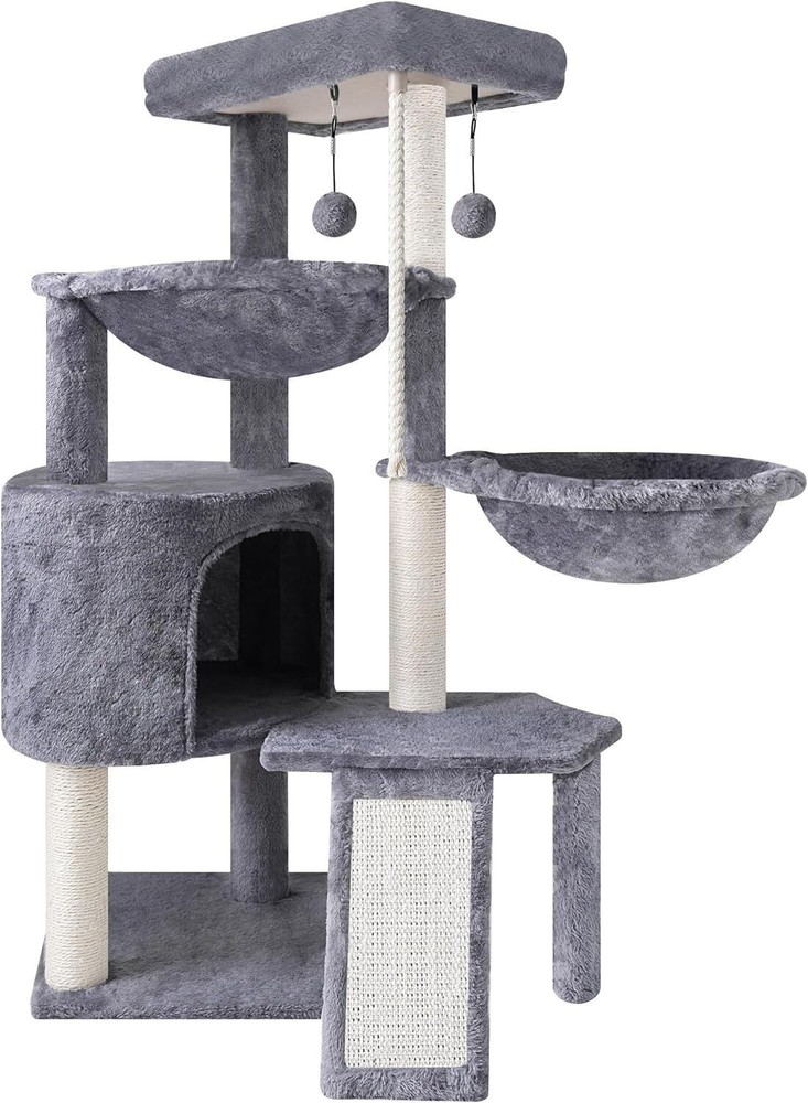 3-Layer Cat Tree Multi-Level Activity Center Cat Condo and Two Hammocks Grey