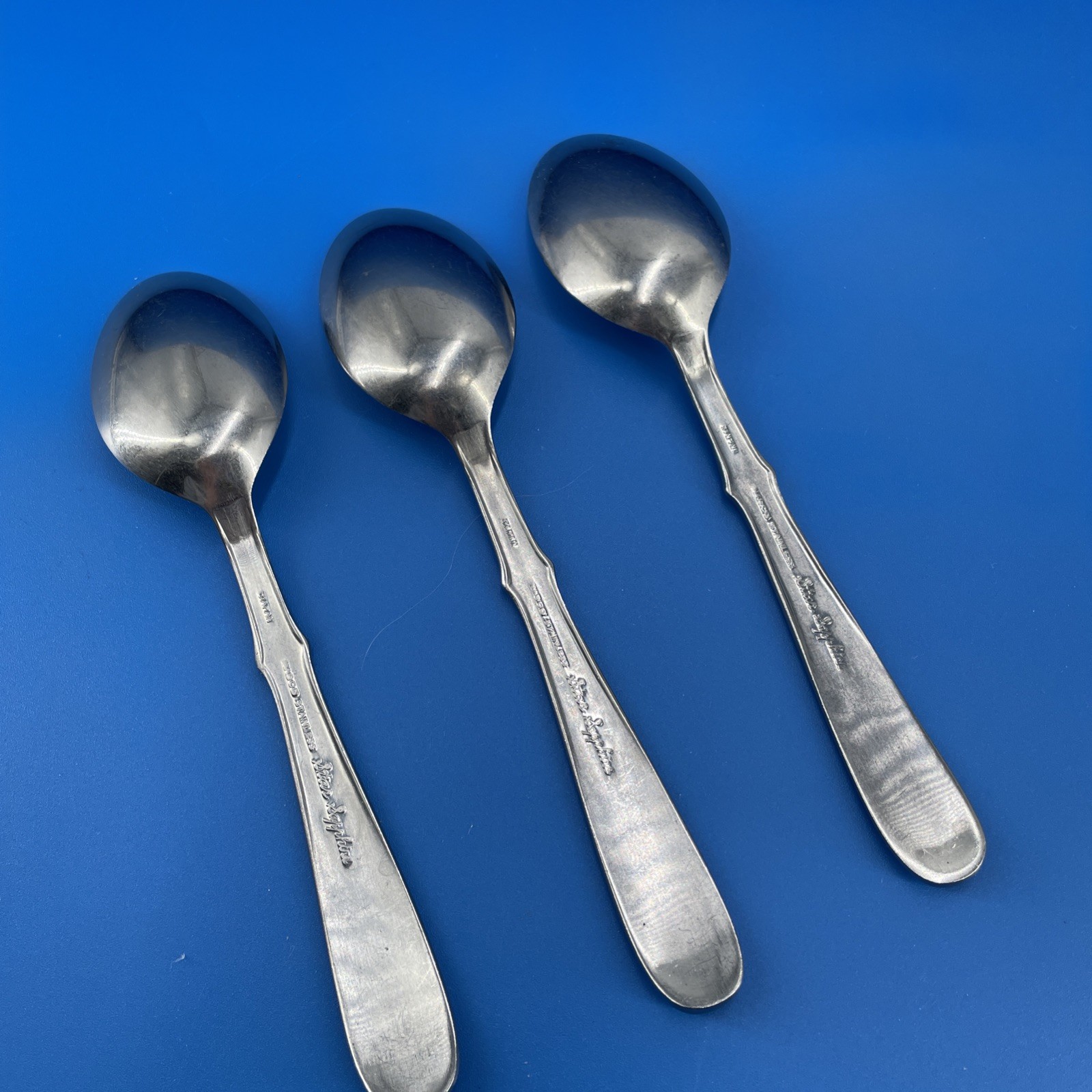 Nasco Star Sapphire Place Soup Spoons x3 Mid Century Glossy Japan 7.25" Atomic