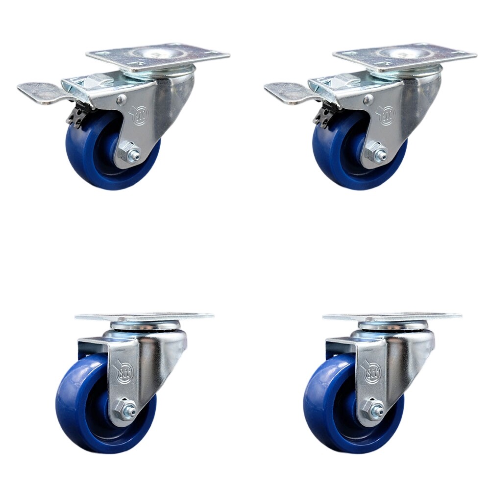 3.5 Inch SS Solid Polyurethane Top Plate Caster Set 2 Total Lock Brakes SCC