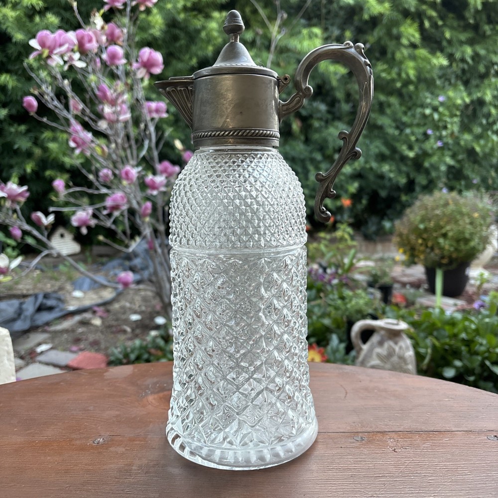 Crystal Carafe Pitcher Silver Plated Lid Pour Spout