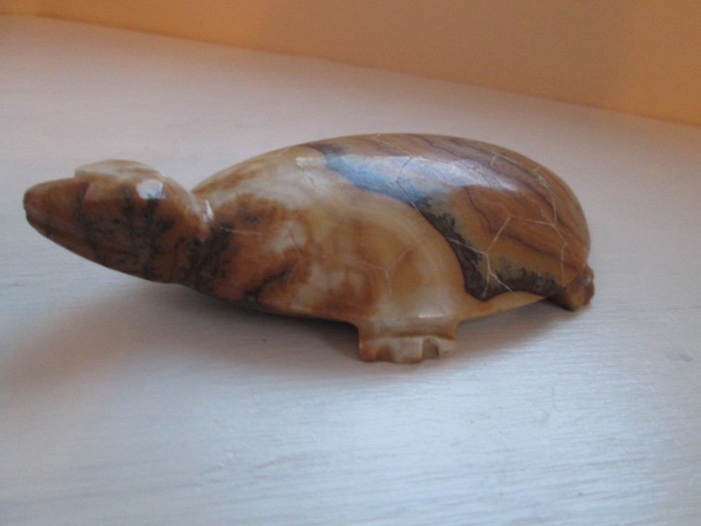 Solid Stone Turtle Figurine Hand Carved 6" Long
