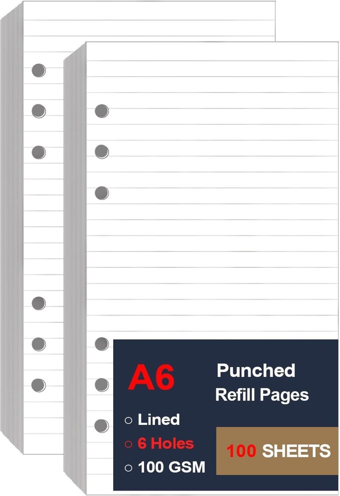 (2 Pack) A6 Lined Paper Refill 6 Ring, 6Hole 200Sheets, White