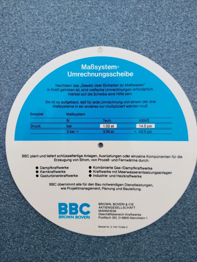 Rare BBC Brown Boveri Measurement Conversion Chart Disc German