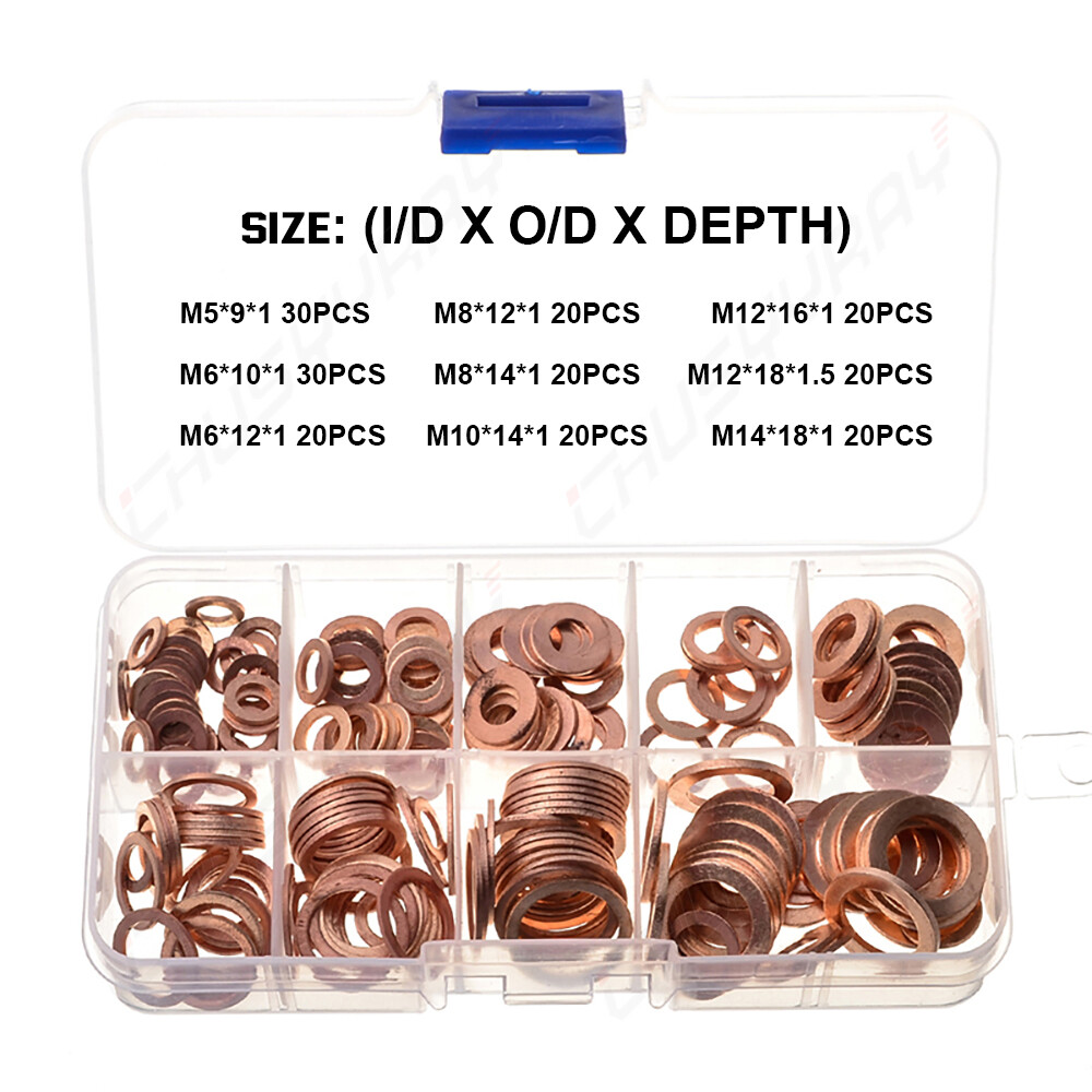 200Pcs/Kit Solid Copper Crush Washers Gasket Set Flat O-Ring Seal Assortment