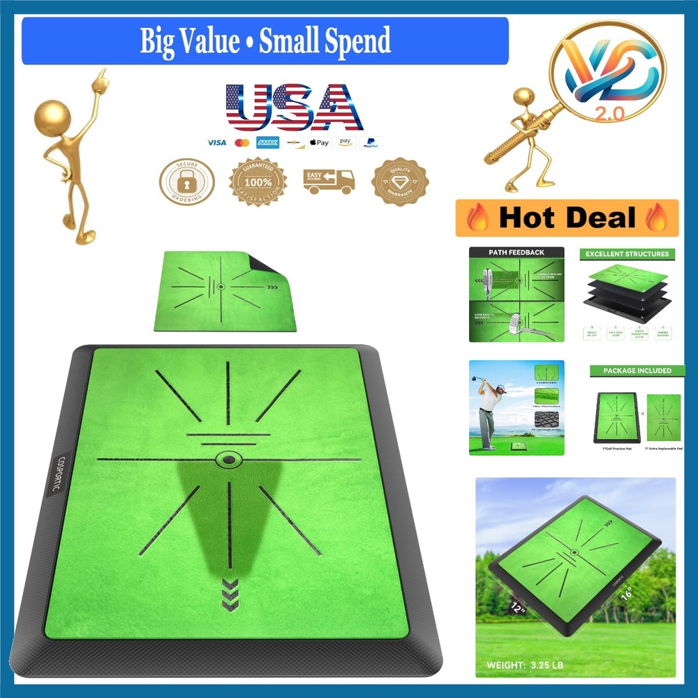 Golf Hitting Mat with Swing Path Feedback Rubber 16x12 Inches