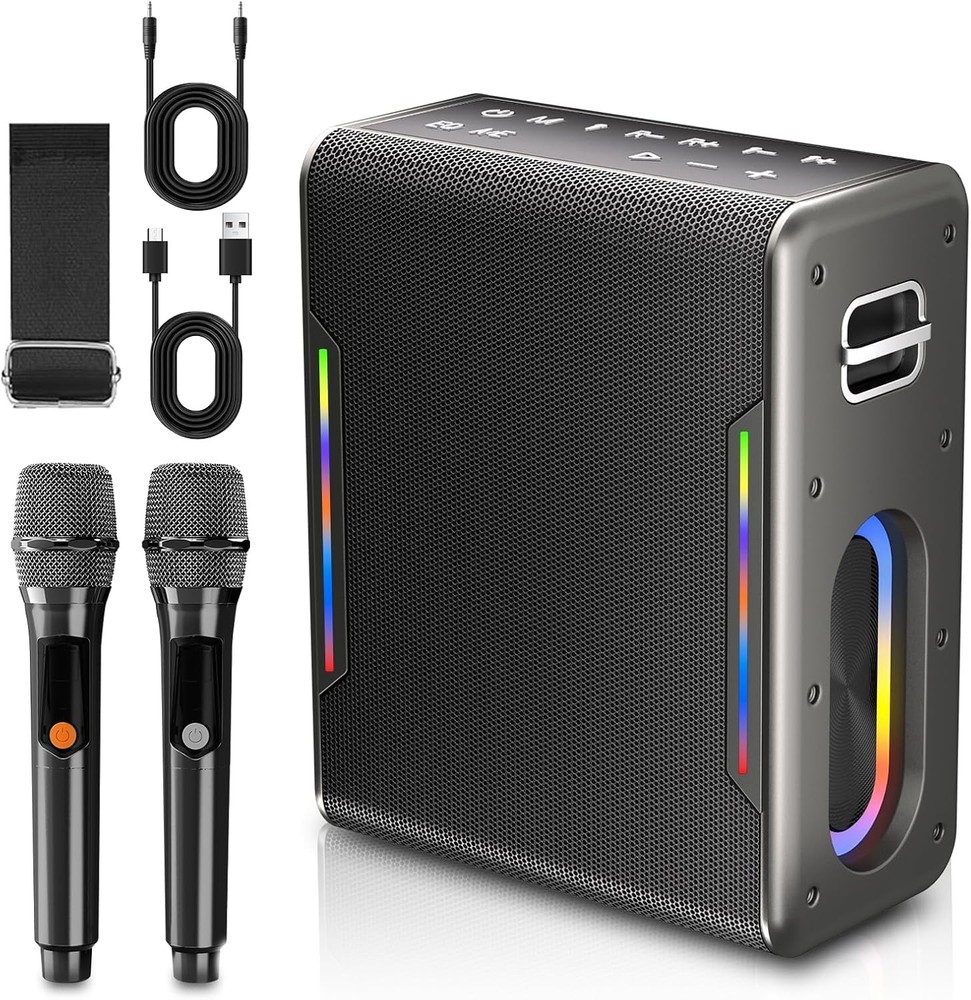 Karaoke Machine with Two Wireless Microphones, Powerful Portable Bluetooth