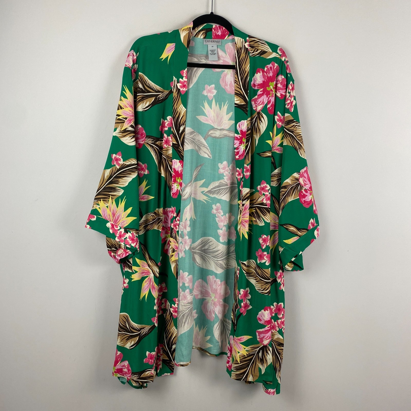 Catherines Long Kimono Cardigan Size 3X Open Front Green Floral 3/4 Sleeves