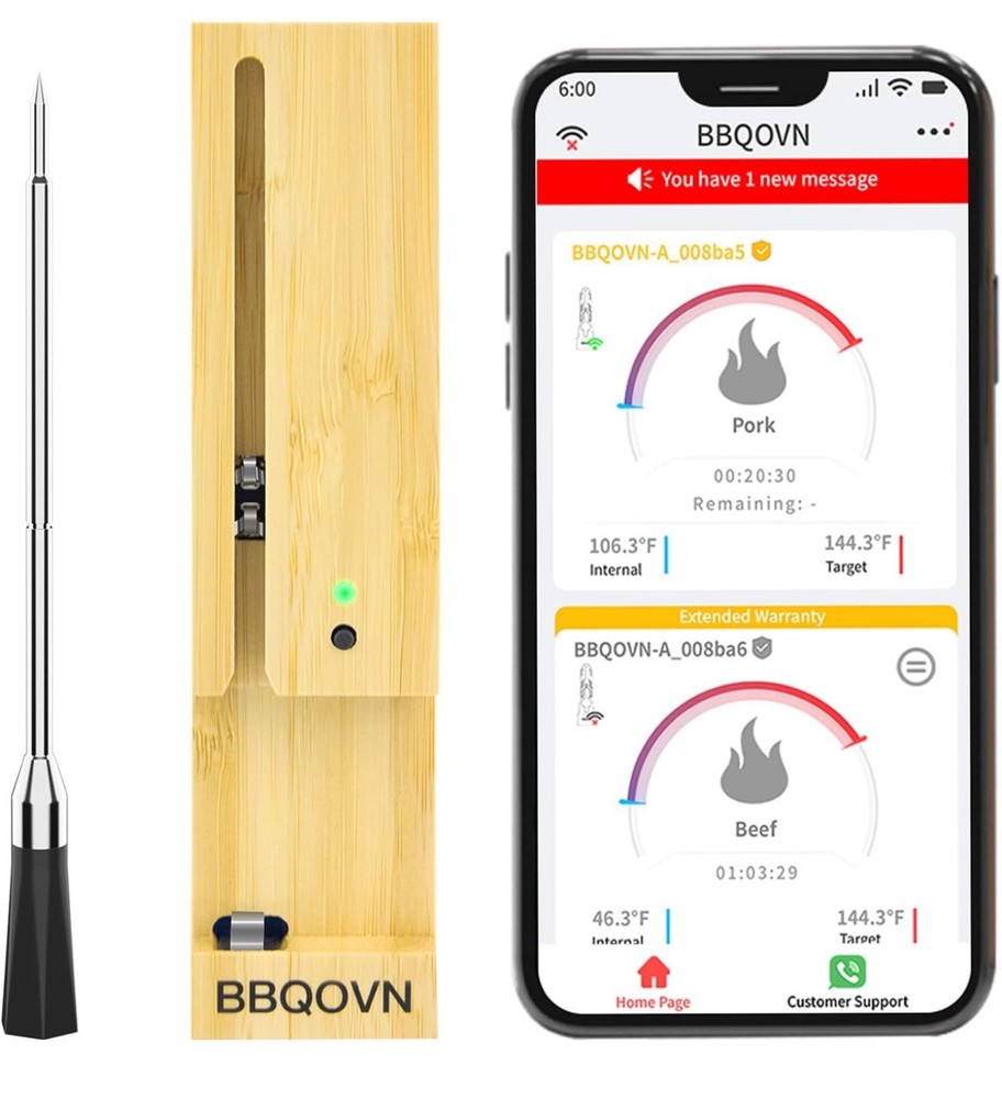 Smart Wireless Meat Thermometer Zero Wire with Range, Bluetooth To Phone, BBQ