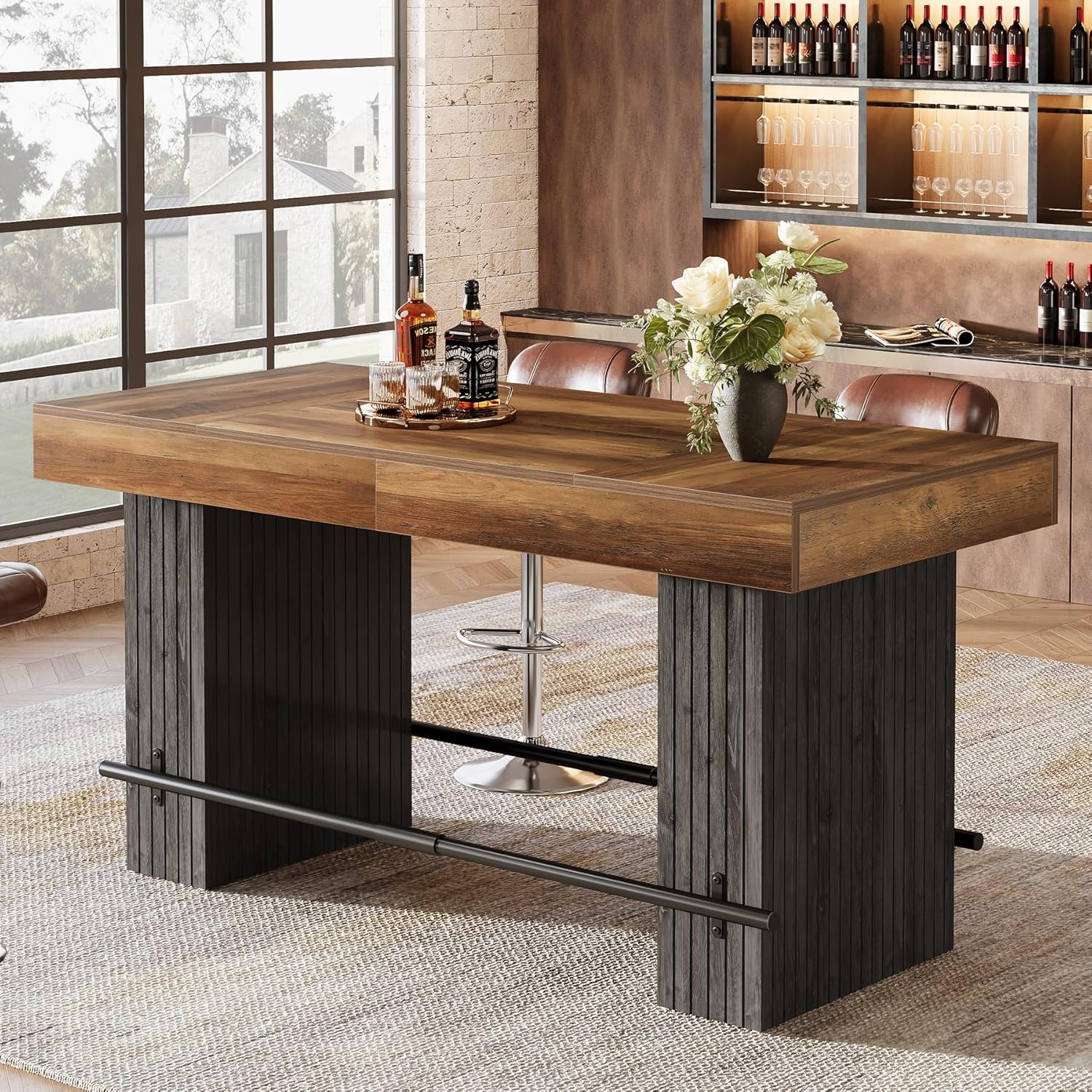 62.2-Inch Dining Table for 4-6,High Top Kitchen Pub Bar Island with Footrest