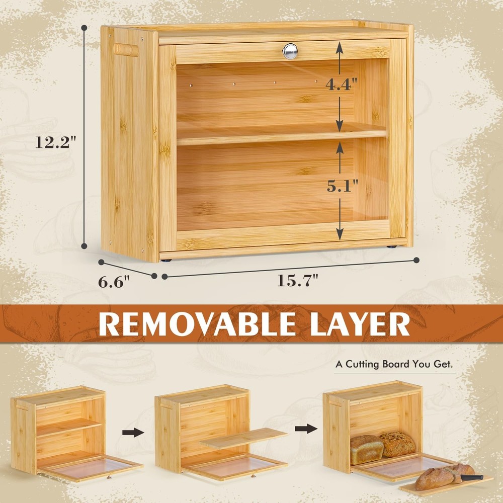 Bread Box for Kitchen Countertop, Double-layers large Bread Container with Tr...