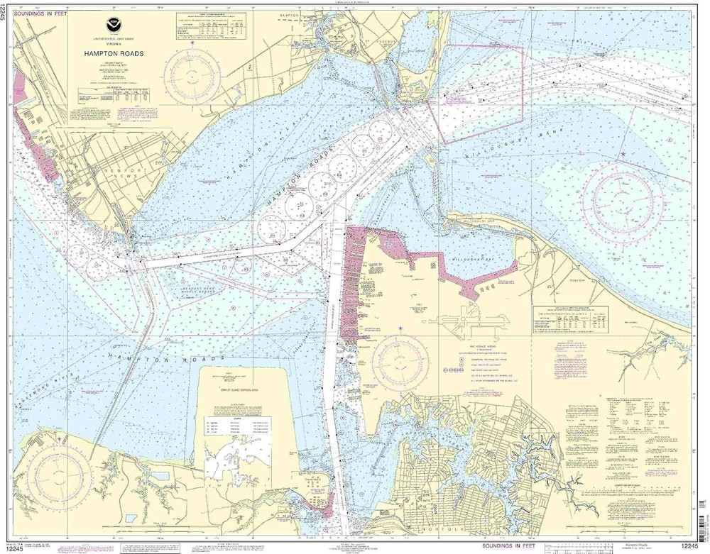 NOAA Nautical Chart Hampton Roads VA 68th Edition 12245 Waterproof Map