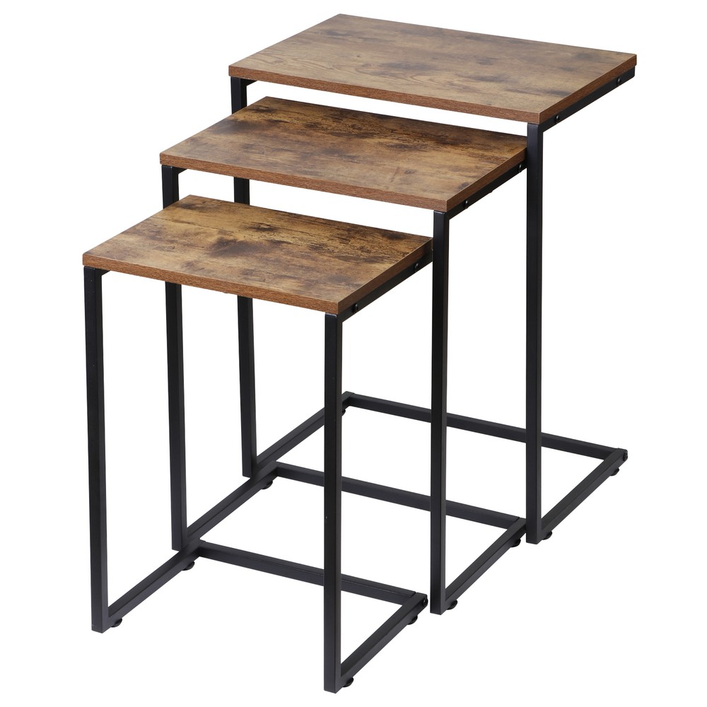 Nesting Coffee Table Set of 3 Stacking C-Shape Accent End Table with Metal Frame