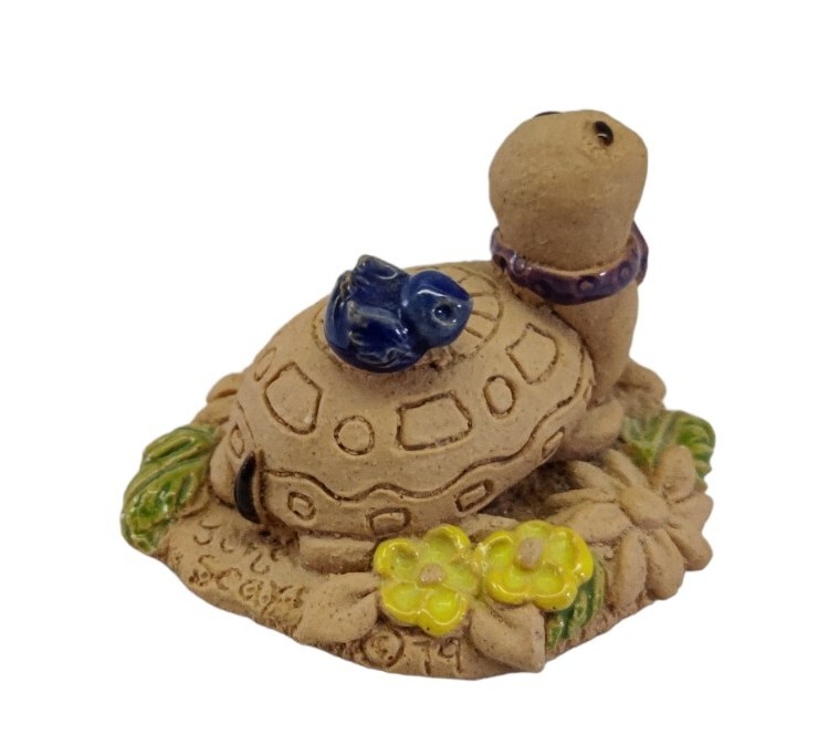 Miniature Clay Smiling Turtle Figurine Partially Glazed