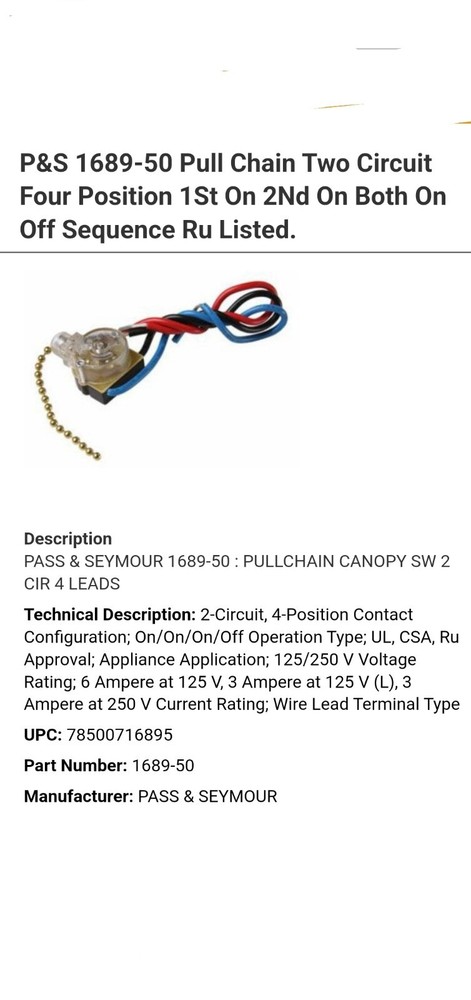 E81372 / 1689-50 Heavy-Duty 2-Circuit 4-Position Pull Chain Light Switch [Gold]