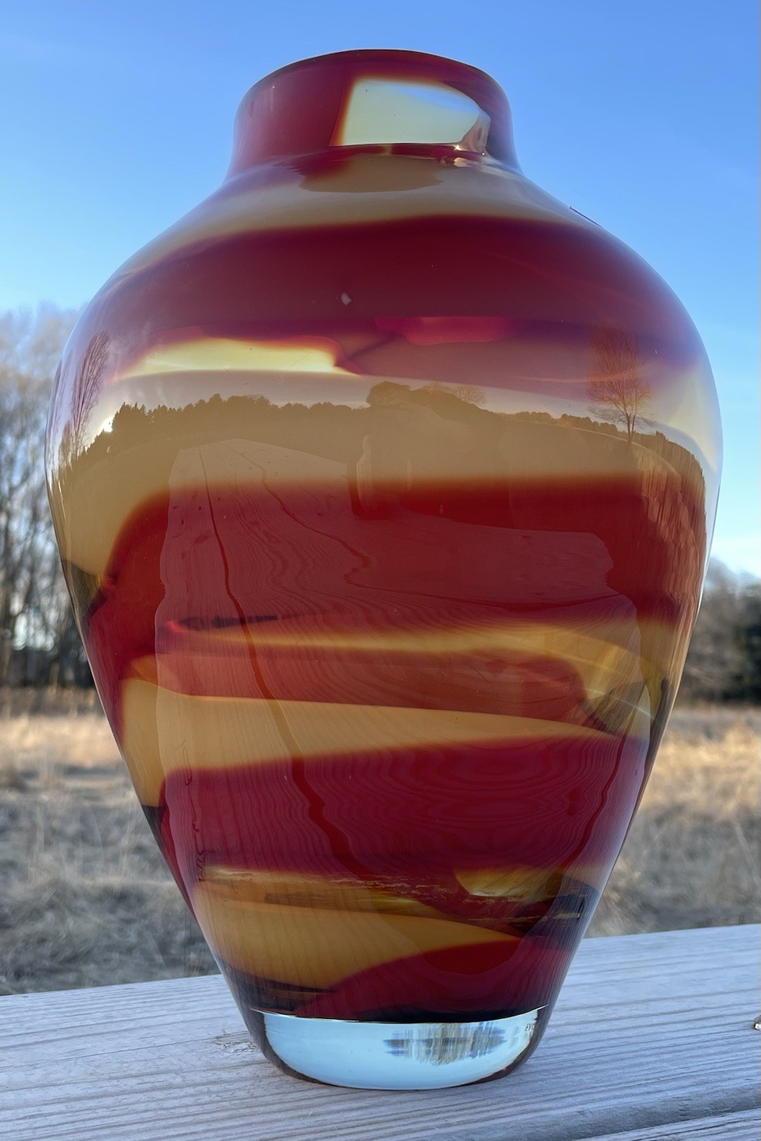 Waterford Evolution “Red Sea” Crystal Amphora Art Glass Vase, swirl design