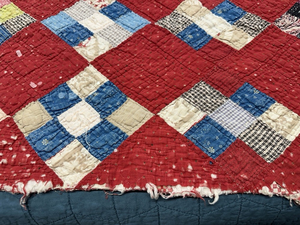 Vtg Nine Patch on Point Quilt Hand Sewn Red Feedsack Patchwork Distressed *Read