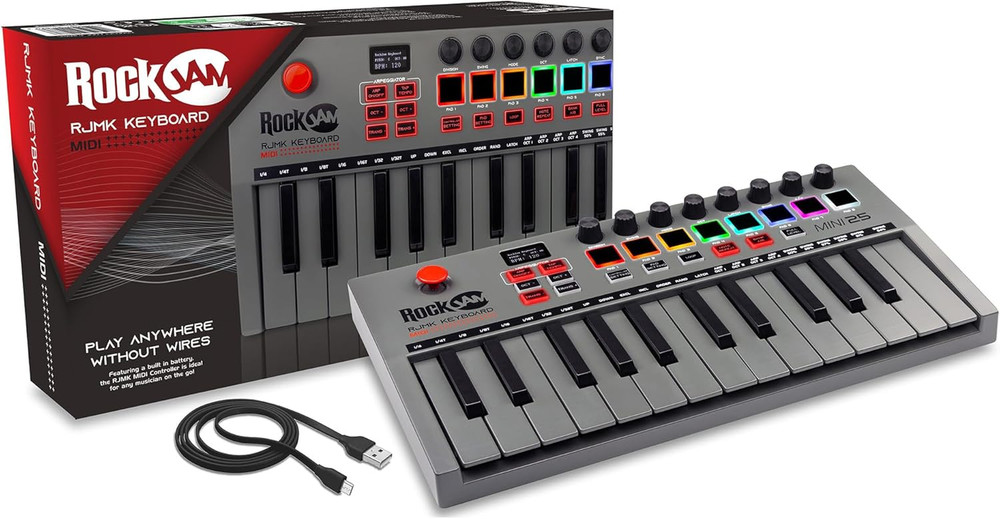, Go 25 Key USB and Bluetooth MIDI Keyboard Controller with 8 Backlit Drum Pads,