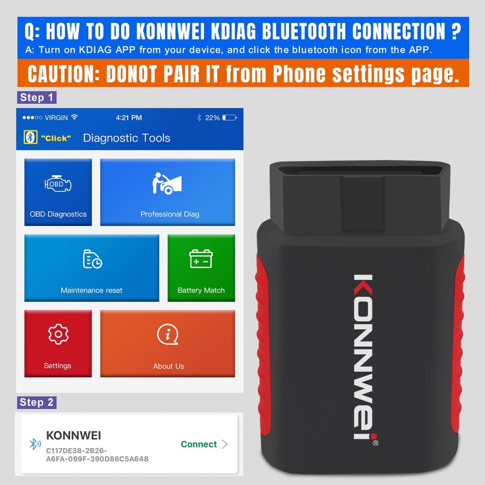 KONNWEI KDIAG Car OBD2 Reader Code Scanner Diagnostic ABS SRS Tool