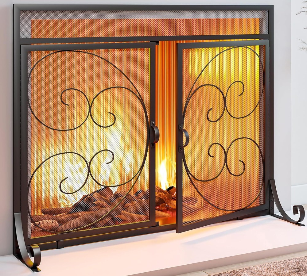 Flat Fireplace Screen Hinged Doors Handcrafted Wrought Iron Classical Scroll