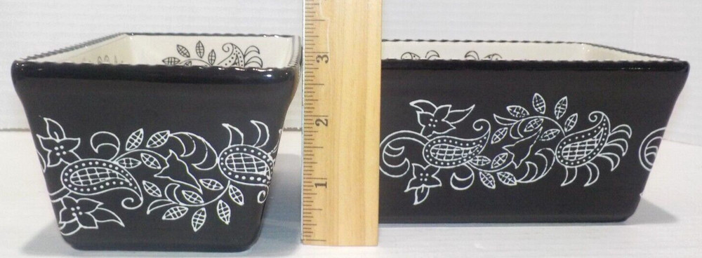 Lot 2 BAUM Small Rectangular LOAF Bakeware Dish Black White PAISLEY 6.5x4x3 *EUC