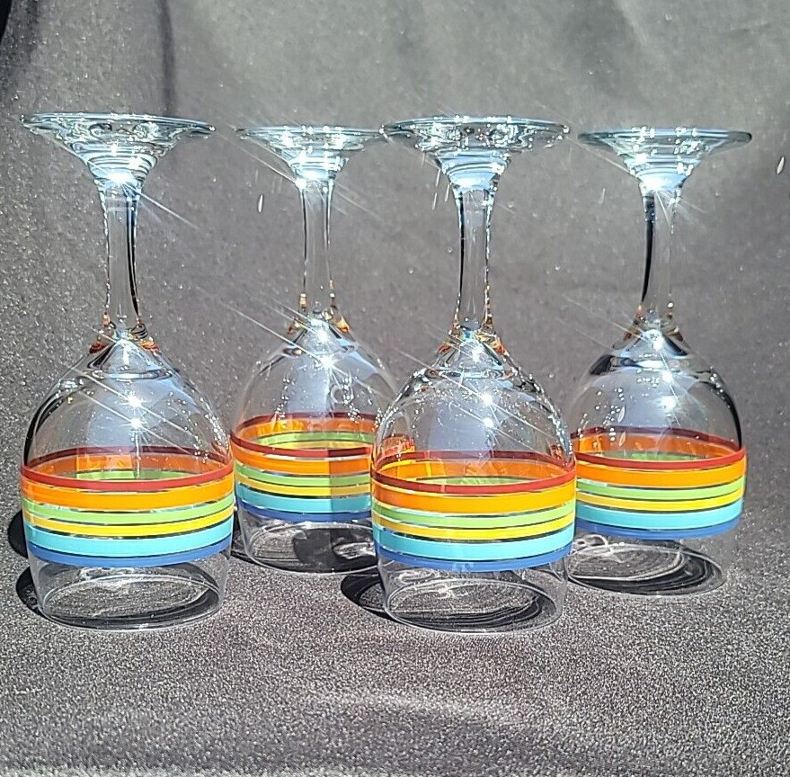Set of 4 Vintage Libbey Mambo Fiesta Striped Summer Wine Glasses Goblet Rainbow