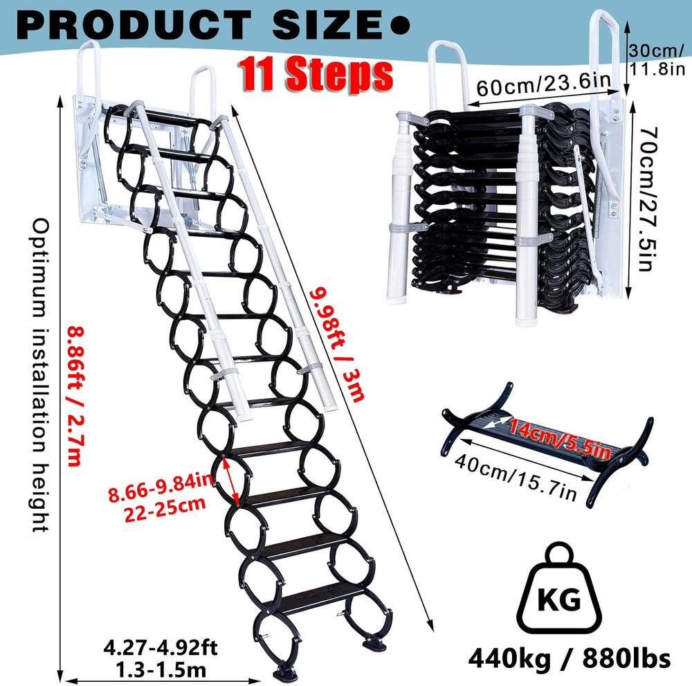 Retractable Handrail& Pull Rod, 12 Steps Wall-Mounted Folding Stairs for Attic