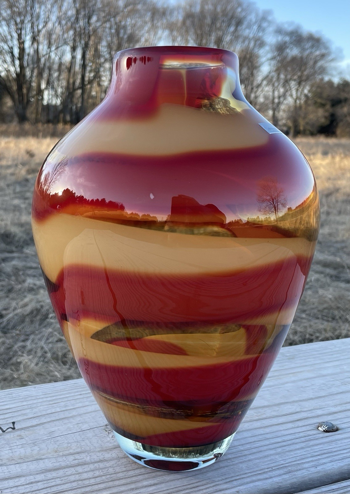 Waterford Evolution “Red Sea” Crystal Amphora Art Glass Vase, swirl design