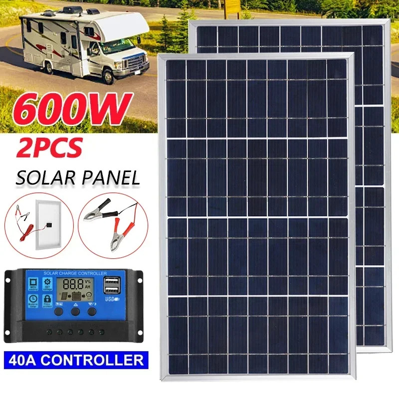 300W/600W Solar Panel Kit Complete 12V Polycrystalline USB Power Portable Outdoo