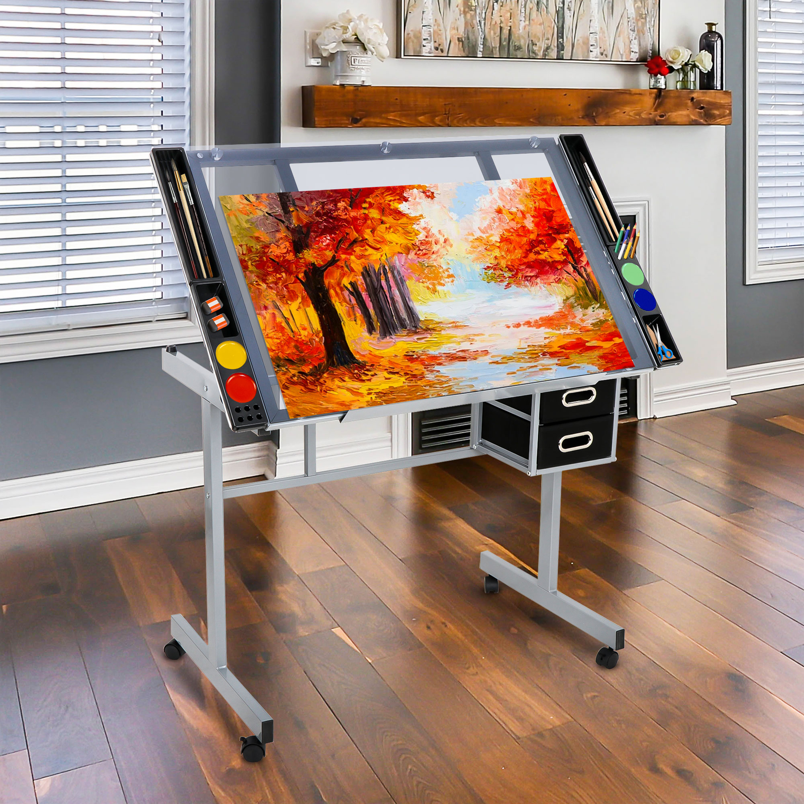 Rolling Drawing Drafting Table Tempered Glass Desktop Saving Space for Work