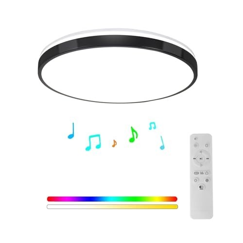 24W LED Flush Mount Ceiling Light with Bluetooth Speaker & Remote Control, RGB C
