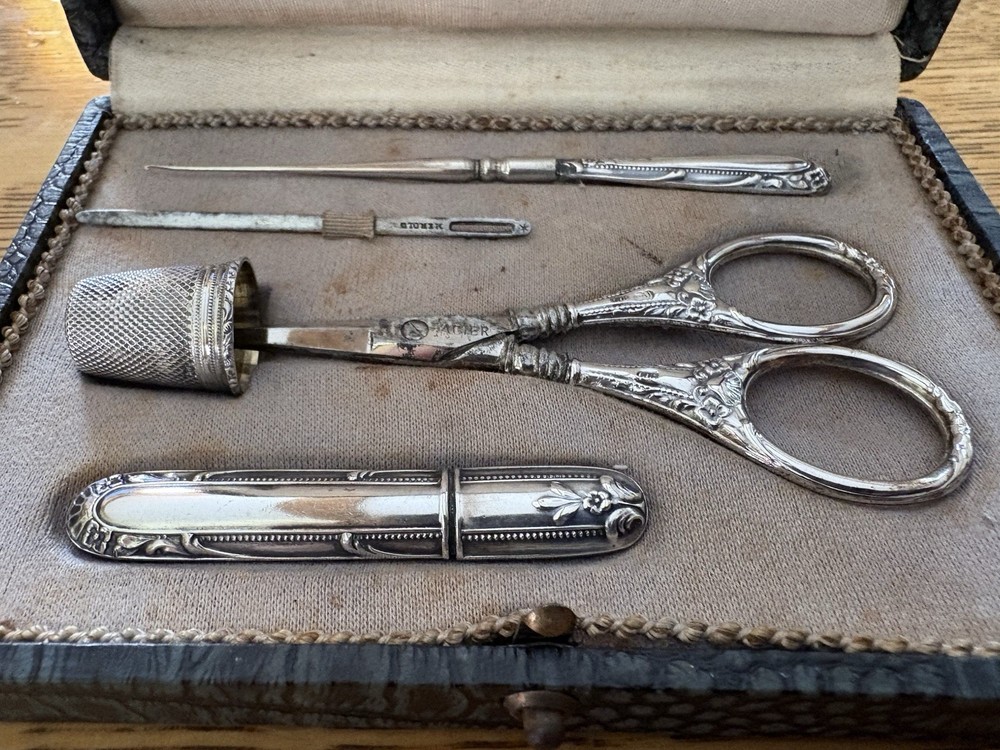 Antique Sterling Silver Sewing Machine Case Set & Box