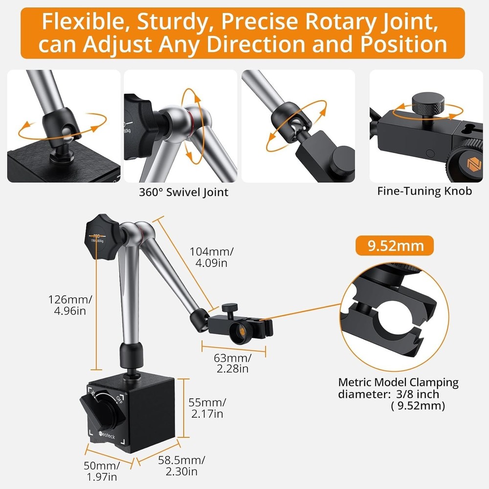 Magnetic Base Stand for Dial Indicator with Adjustable Arm and Stability Control