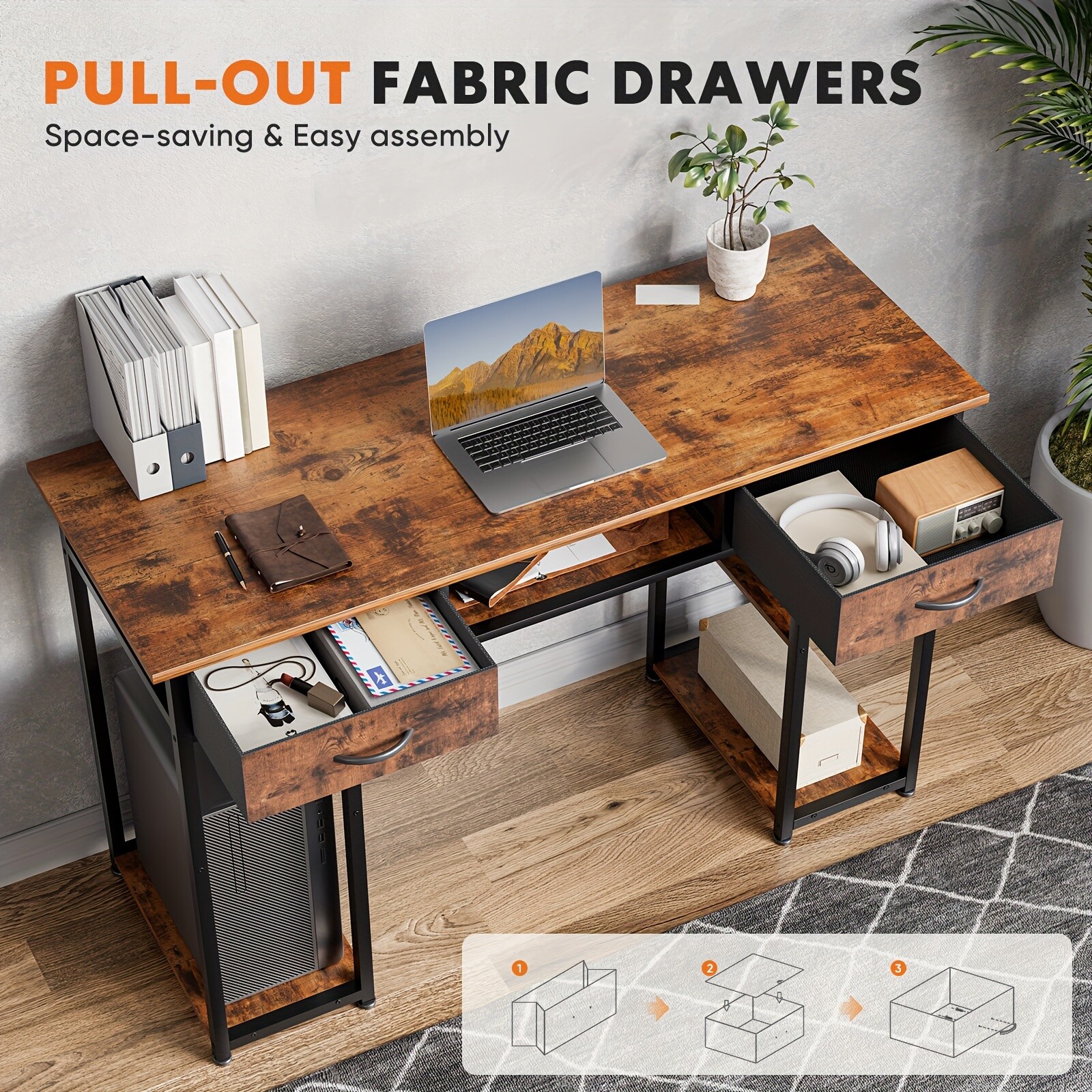 32/48-inch Computer Desk With 2 Fabric Drawers Storage, Keyboard Tray Included