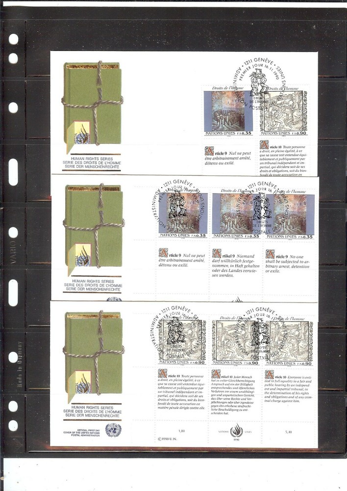 1990 Human Rights FDC's (Combo & MIB's/3) - Geneva Office - UNPA Cachet - (433)