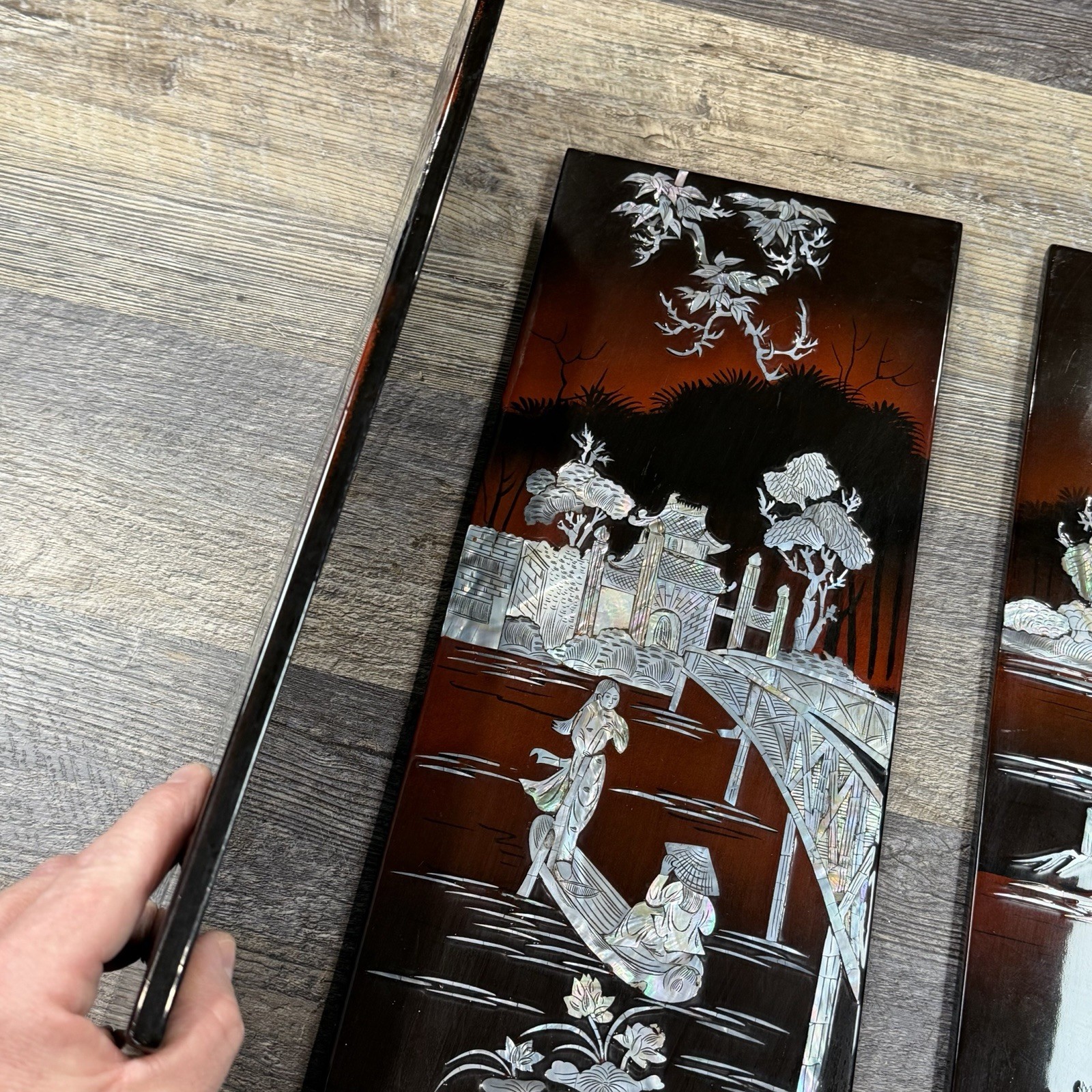 3 Vintage Asian Mother of Pearl Inlay Red Lacquer Wall Panels Village Landscape