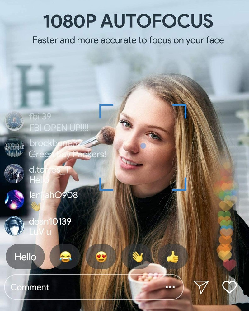 1080P Webcam with Ring Light, Autofocus Streaming Webcam, Web Camera