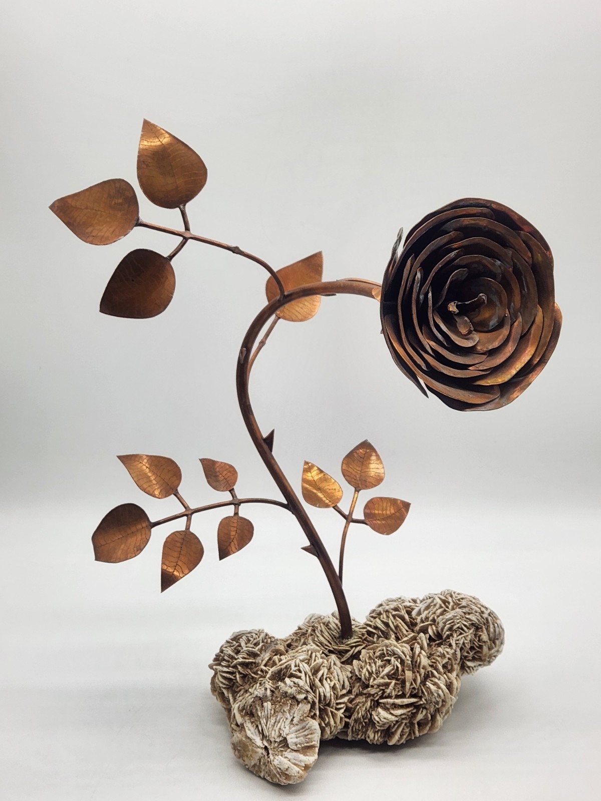 Copper Rose Sculpture w/Desert Sand Rose Crystal ~ 13" H x 10" L x9" W