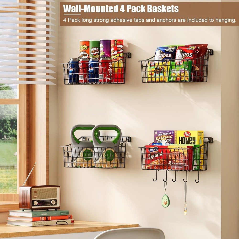 4-Pack Hanging Wall Baskets with Hooks - Pantry & Kitchen Organization Set